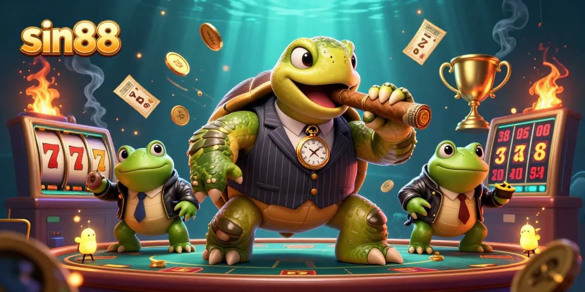 Experience thrilling gameplay at sin88 with whimsical turtle mobster and gaming elements.