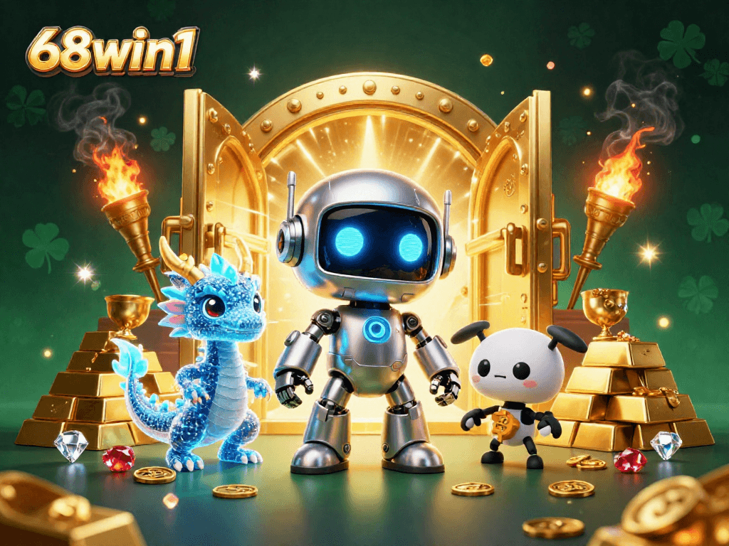 Engage with thrilling 68win1 casino adventures alongside a cyberpunk robot and AI dragon.