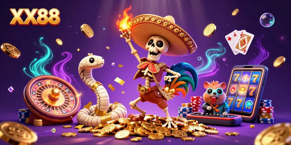 Experience thrilling gameplay at XX88 with a vibrant casino scene featuring unique characters and dynamic gaming elements.