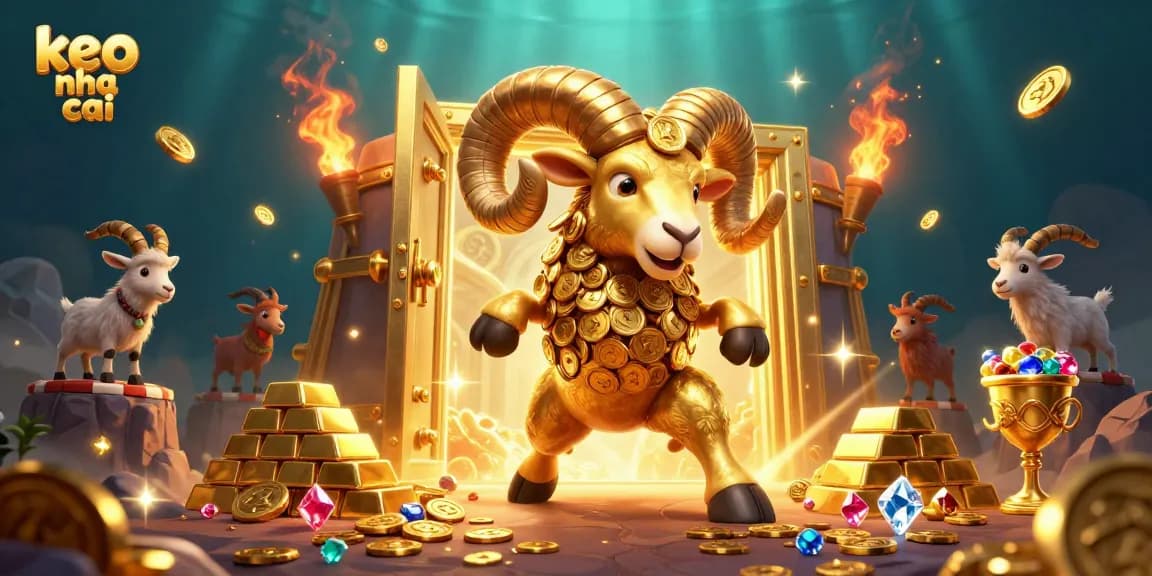 Experience thrilling victories with keo nha cai as the golden ram charges through shimmering treasures in a vibrant casino scene.