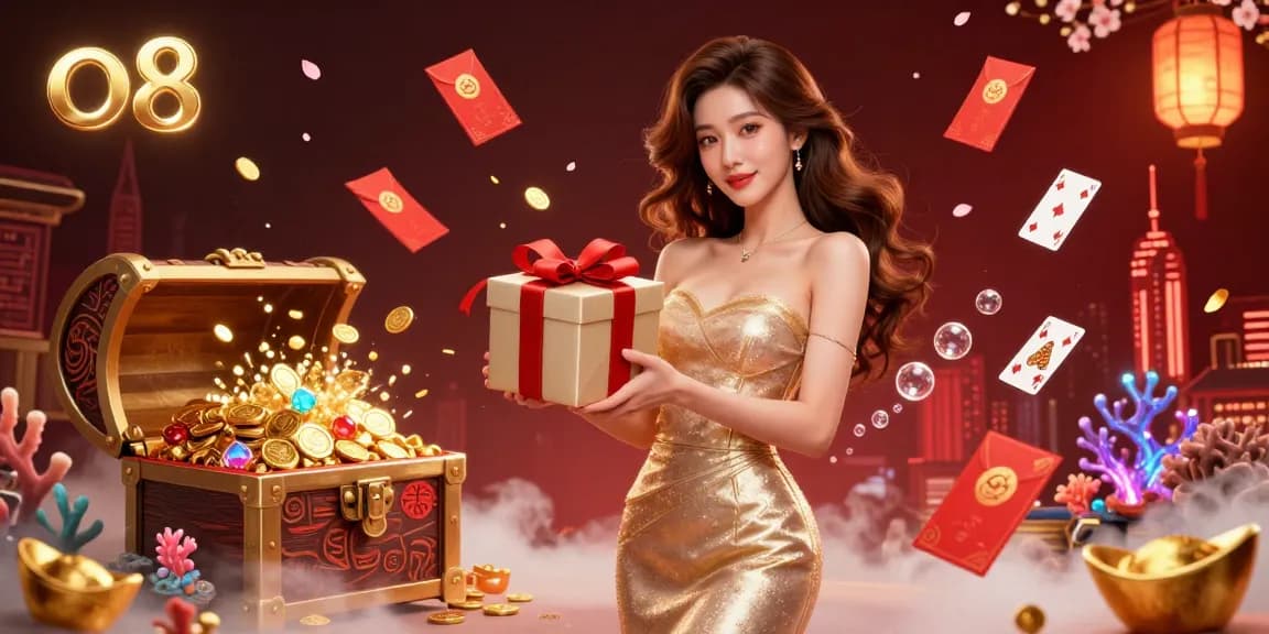 Experience the vibrant excitement at o8 casino with golden coins and festive elements in a dynamic scene.