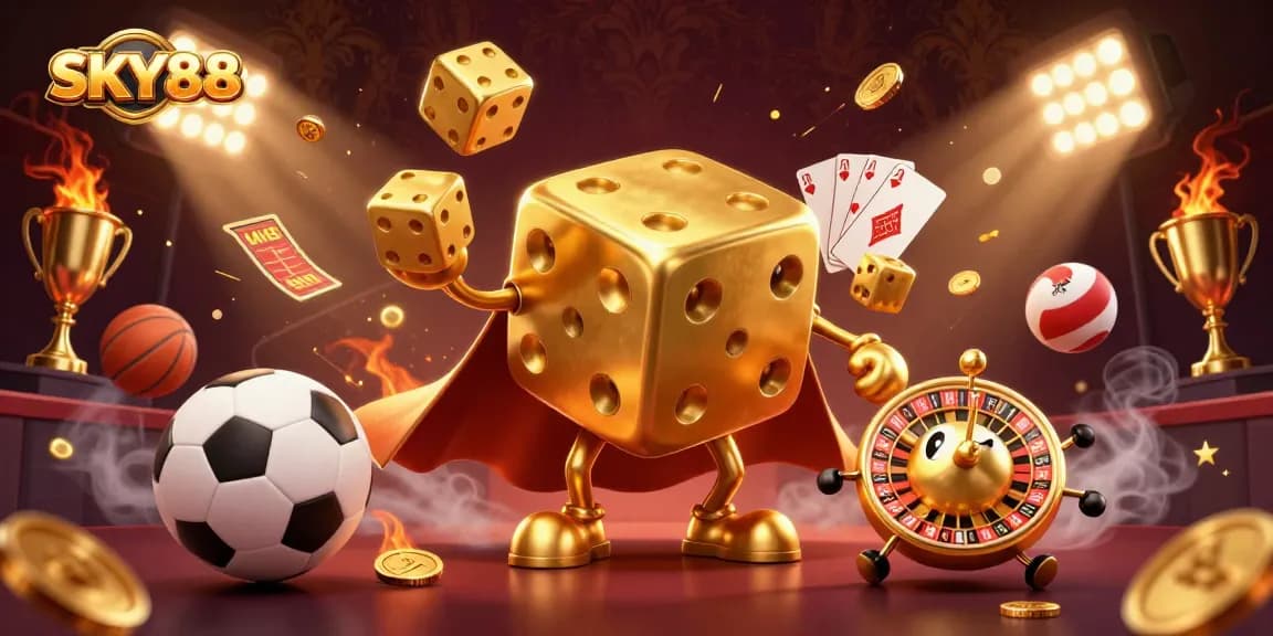 Engage in thrilling action at SKY88 with dynamic sports betting elements and golden casino visuals.