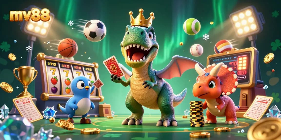Experience fun gaming with mv88 in this vibrant scene of 3D characters enjoying casino elements.
