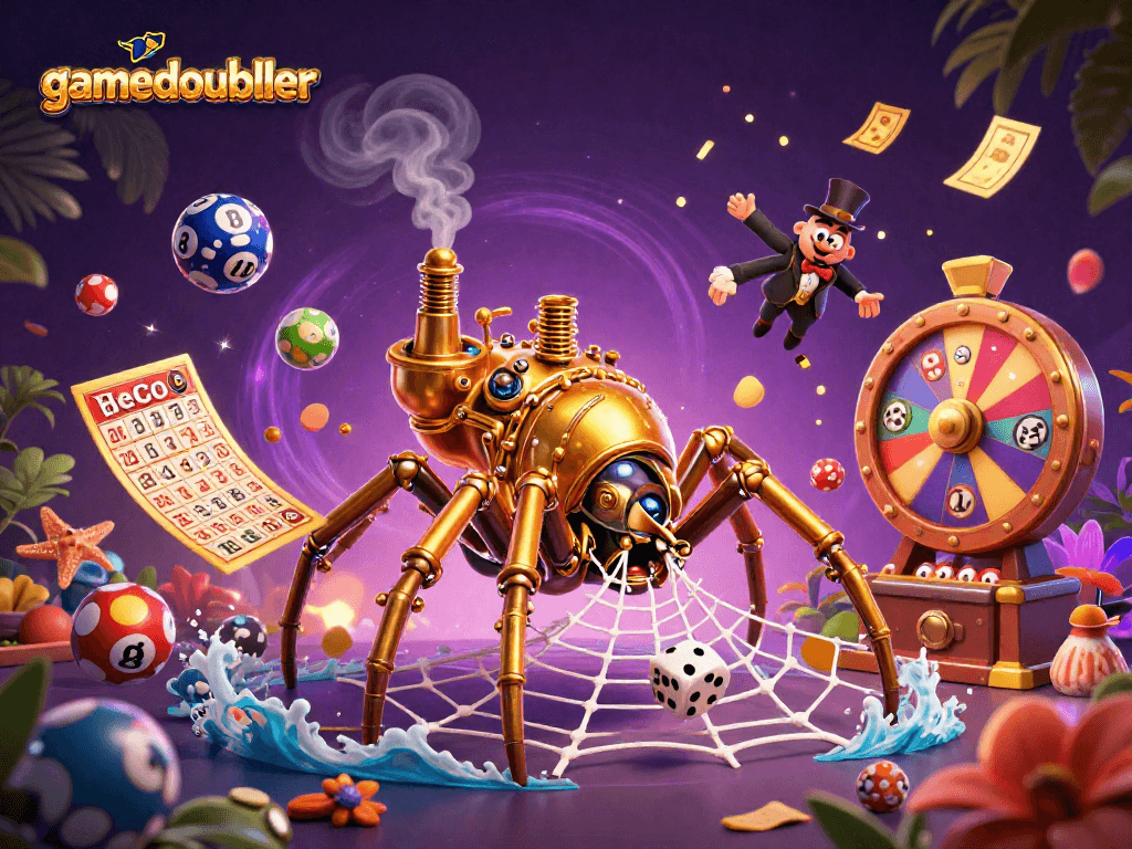 Experience thrilling gaming at gamedoubler with this dynamic illustration featuring a steampunk spider and vibrant game elements.