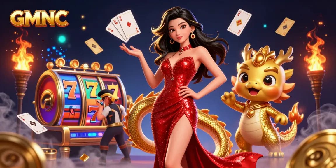 Engage in GMNC gaming excitement with vibrant slots, jackpots, and a captivating dragon mascot.