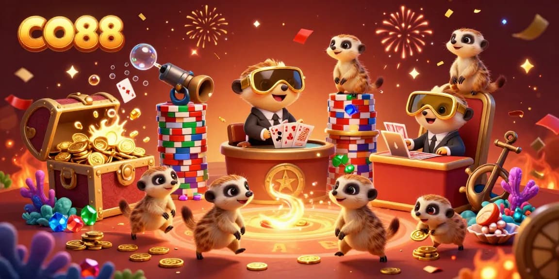 Engage with the dynamic CO88 casino scene featuring meerkats managing a vibrant casino while sneaking away chips.