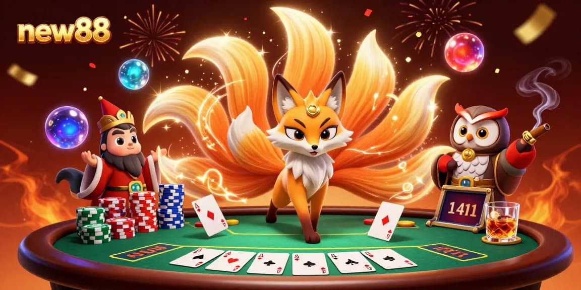 Experience new88's vibrant online casino escapade with mystical characters and enticing poker scenes.