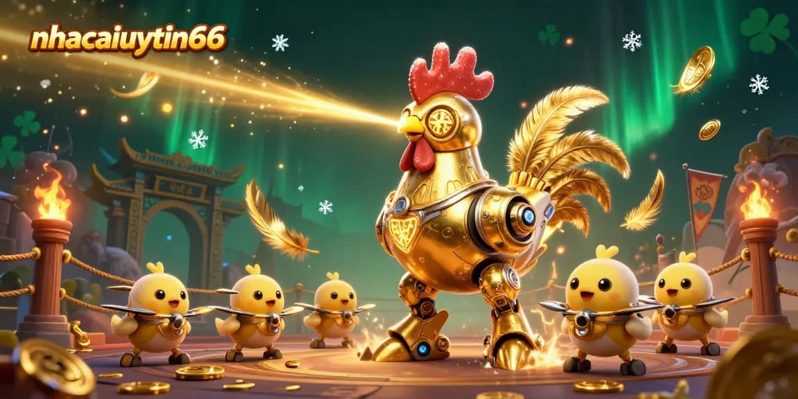 Witness the exciting action at nhacaiuytin66 with a dynamic golden rooster robot featuring baby chick drones in a thrilling casino setting.