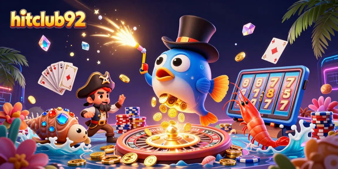 Experience the excitement at hitclub92 with a vibrant underwater casino scene featuring a glowing anglerfish and pirate shrimp.