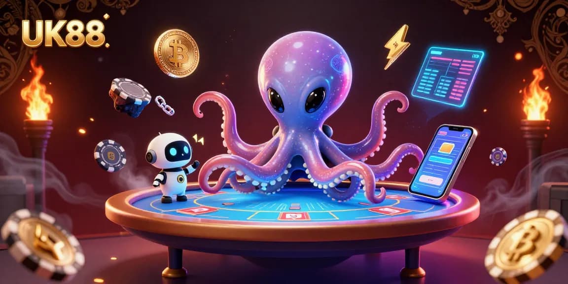 Join the excitement of UK88 with a vibrant alien octopus playing poker amidst glowing crypto elements.