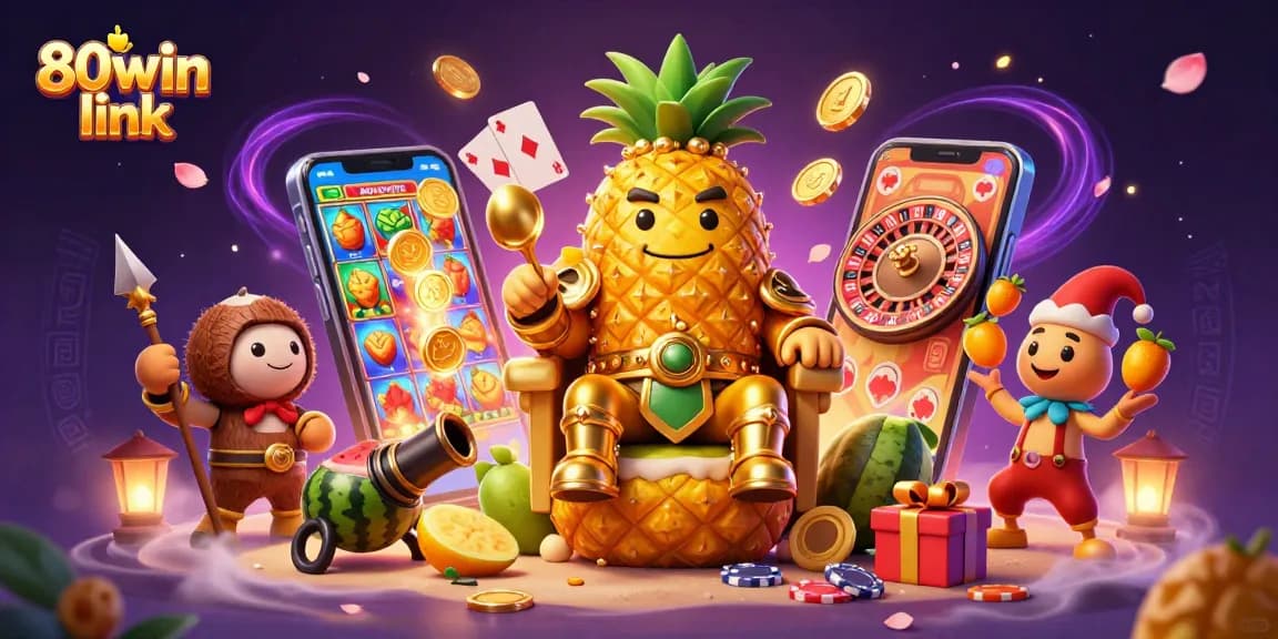 Experience excitement and wins with 80win link in this vibrant casino-themed 3D illustration.