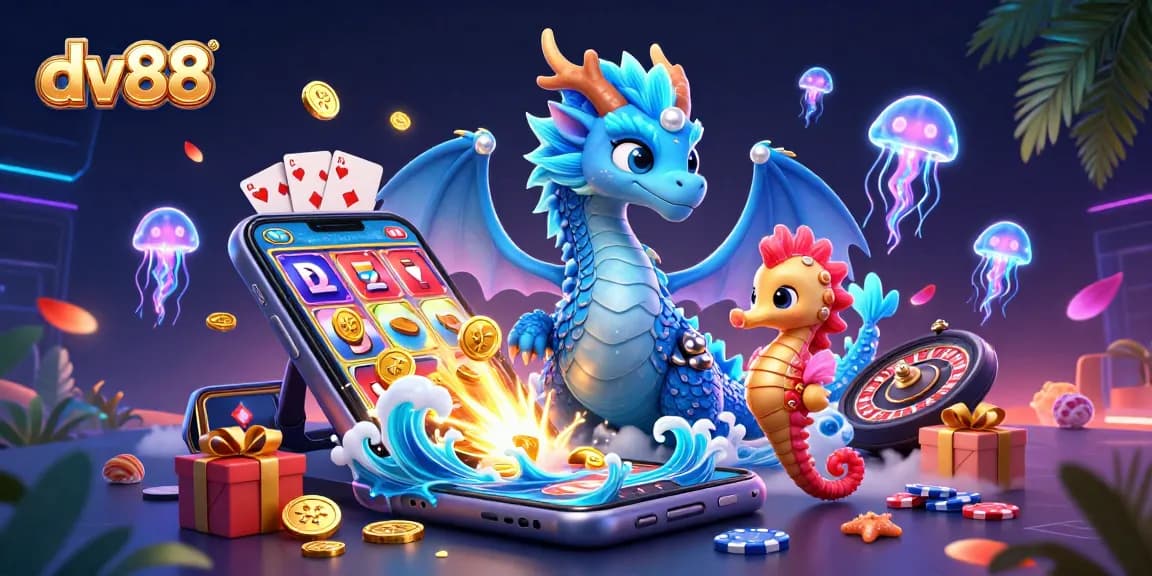 dv88 showcases dynamic gaming with an azure dragon, seahorse knight, and jellyfish in vivid 3D illustration.