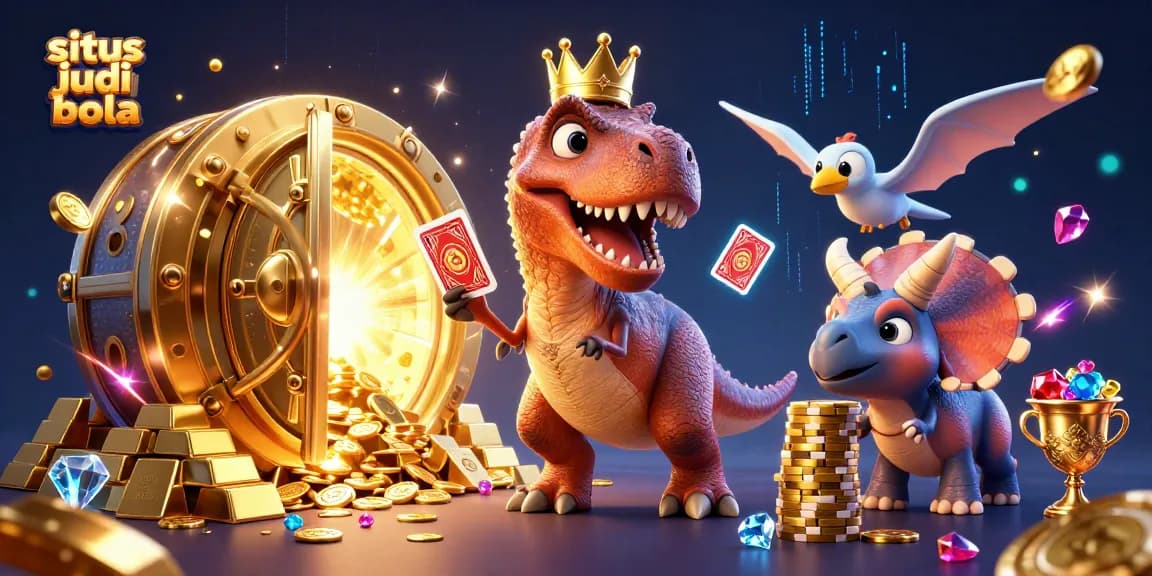 Engage with situs judi bola through a colorful scene featuring dinosaurs and gold treasures.