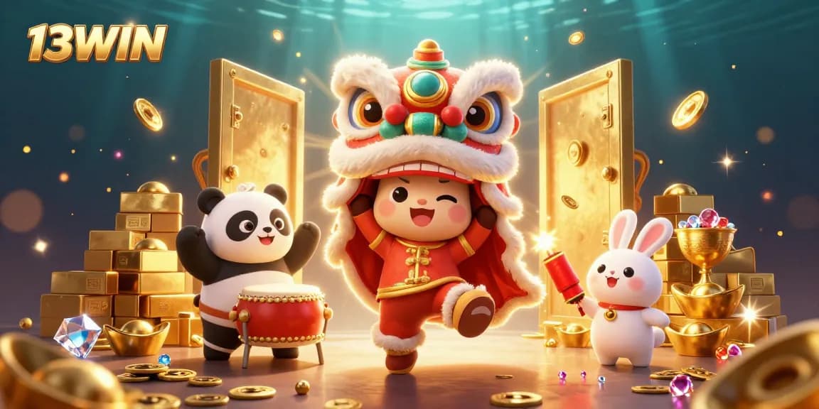 Experience the thrill of 13WIN with festive casino elements and exciting treasures.