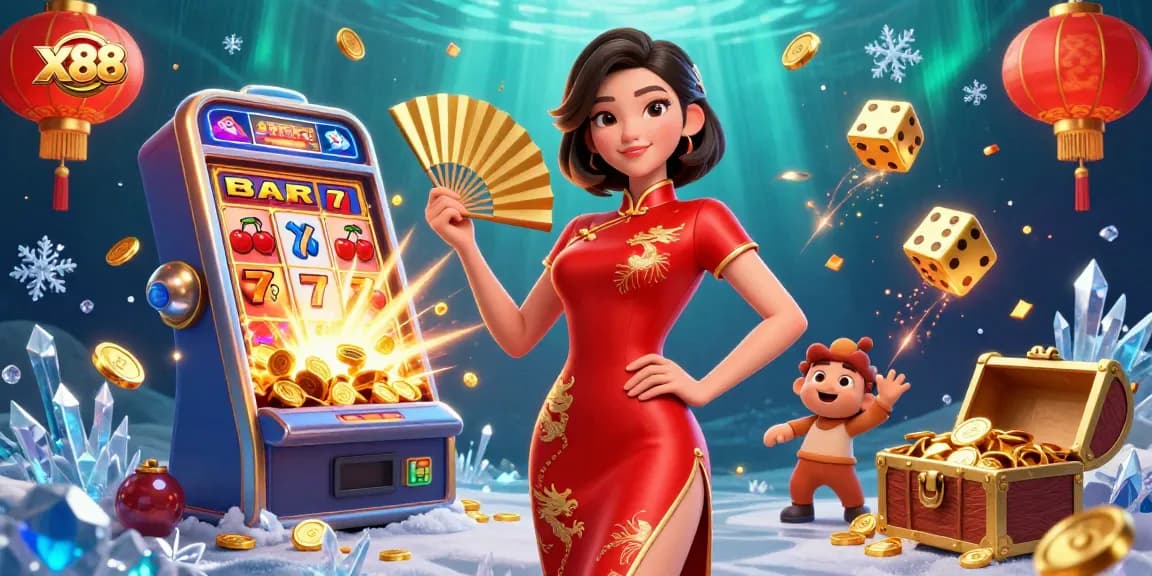 Play exciting games at x88 as a radiant woman fans herself in a vibrant casino scene.