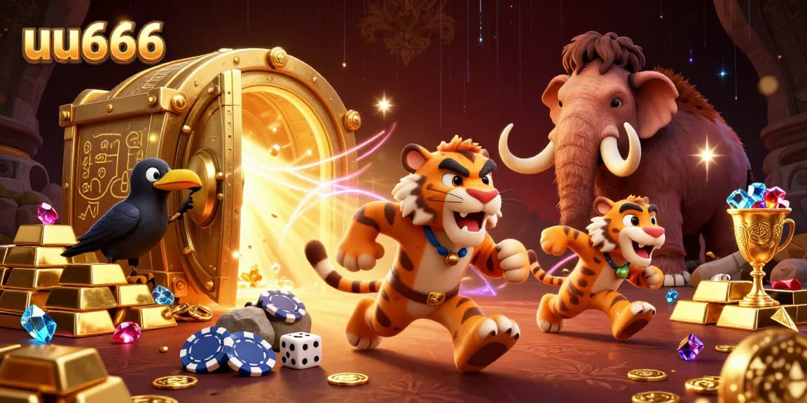 uu666 showcases a playful prehistoric casino scene with a caveman and a tiger amid gold treasures.