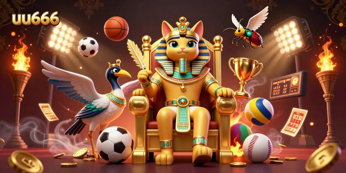 UU666 offers thrilling casino experiences with an Egyptian pharaoh cat amidst dynamic sports-themed elements.