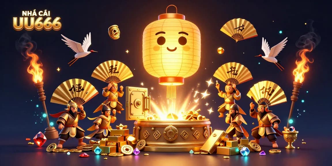 Engage with NHÀ CÁI UU666 in this vibrant 3D casino illustration featuring golden lanterns and treasure.