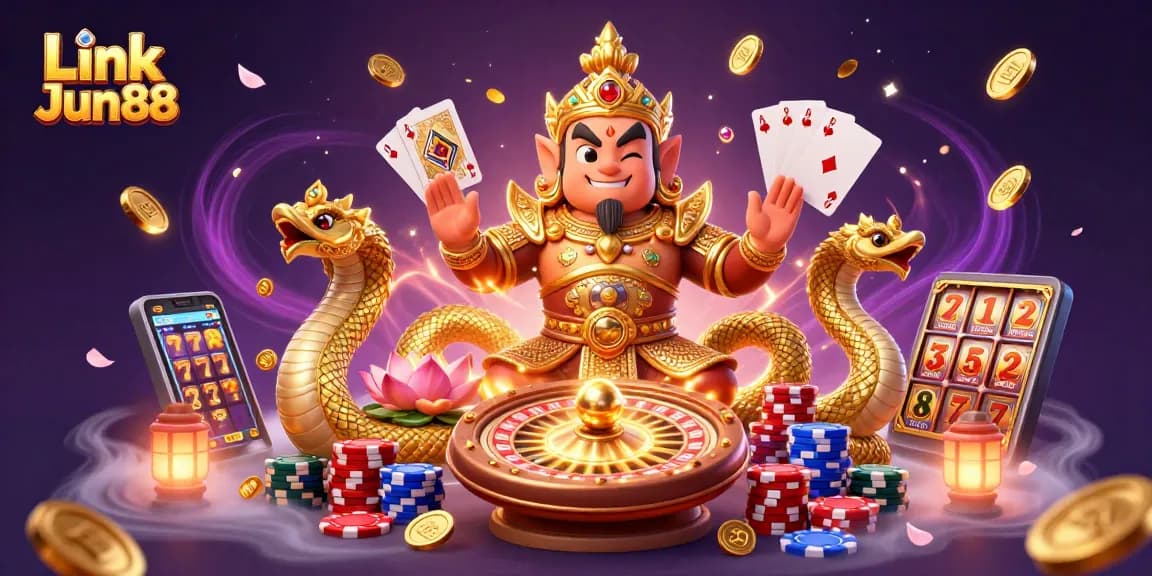Experience winning strategies at Link Jun88 with thrilling casino games illustrated in a vibrant 3D scene.