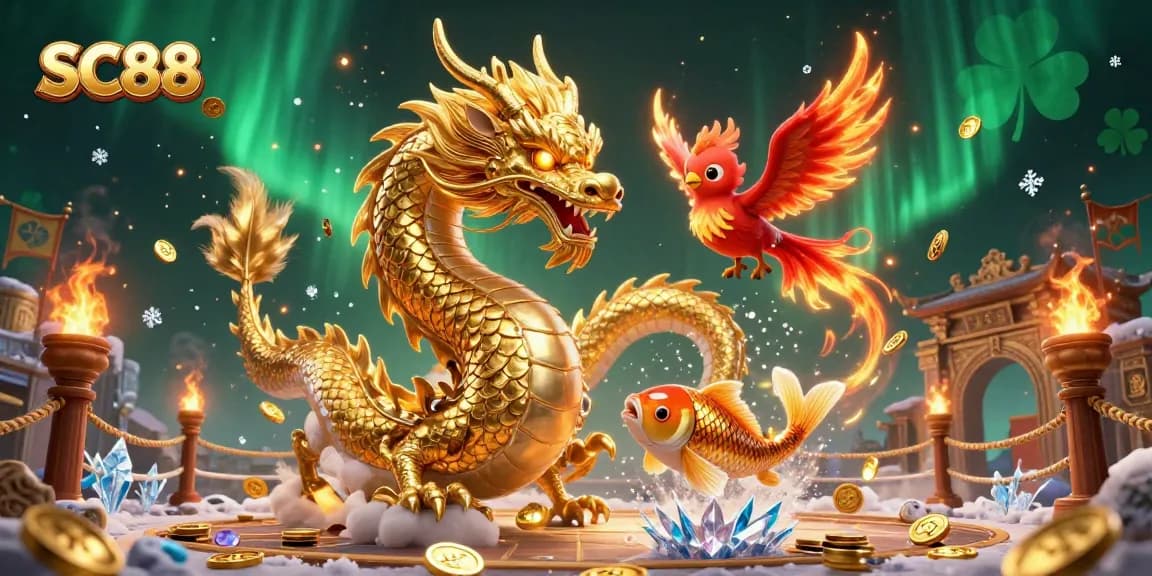 Engage in thrilling gaming at SC88 with a vibrant scene featuring a dragon, phoenix, and koi fish amidst coins.