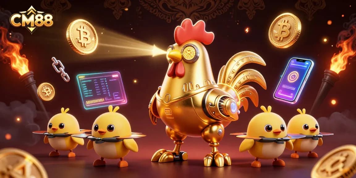 Experience the excitement of CM88 with a dynamic 3D illustration showcasing a golden rooster robot in action.