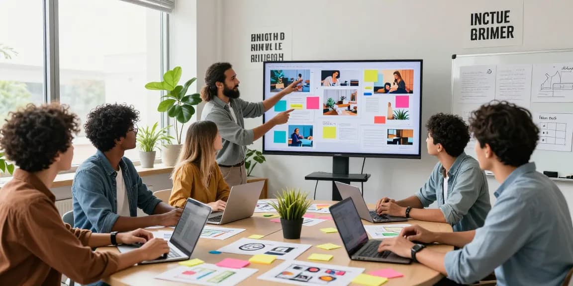 Diverse team in a creative workspace utilizing a mix board for collaboration and brainstorming.