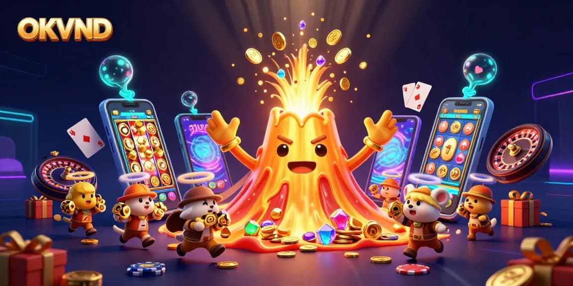 Experience thrilling wins at OKVND as animated characters discover treasures and casino games erupting with excitement.