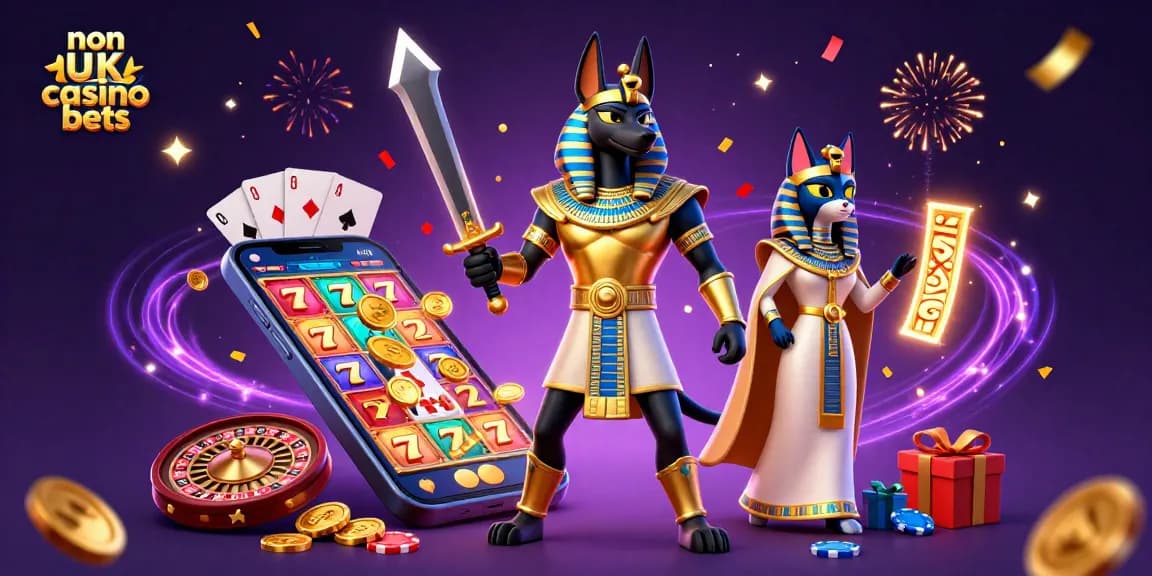 Experience non UK casino bets with Anubis and Bastet amidst vibrant gaming action and golden rewards.
