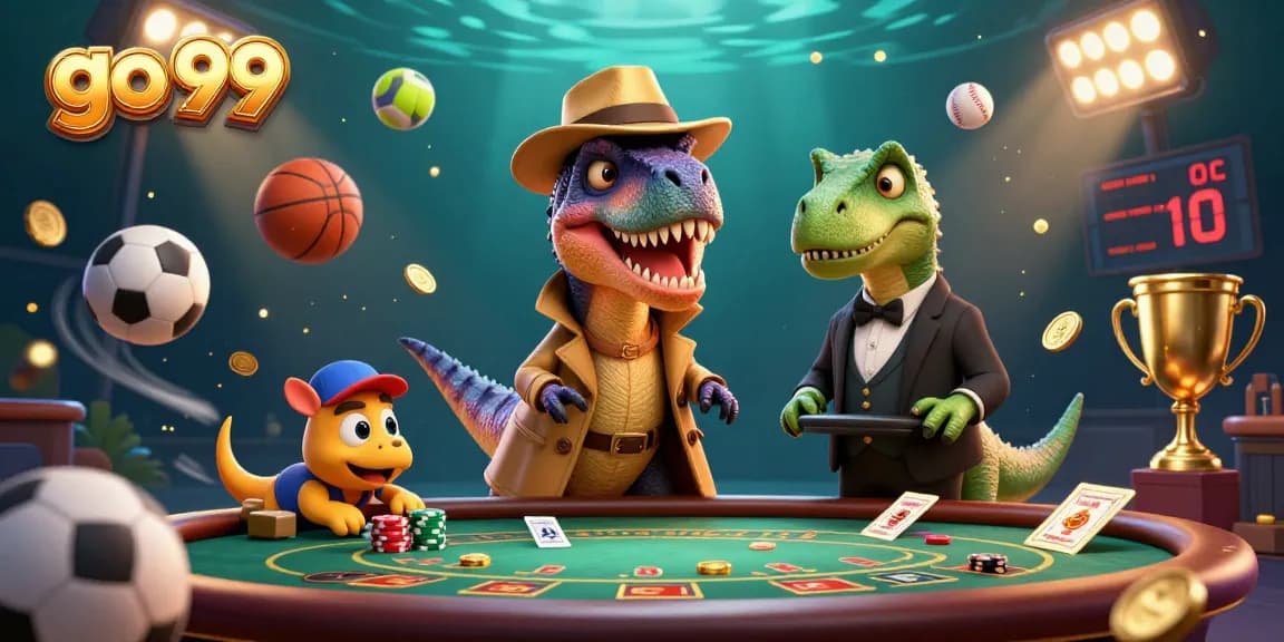 Engage with go 99 as a velociraptor and friends navigate a colorful casino scene.