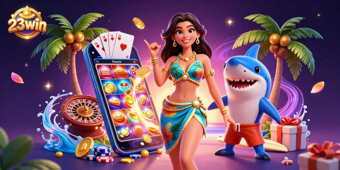 Experience the vibrant world of 23win with a glamorous beach scene showcasing exciting gaming elements.