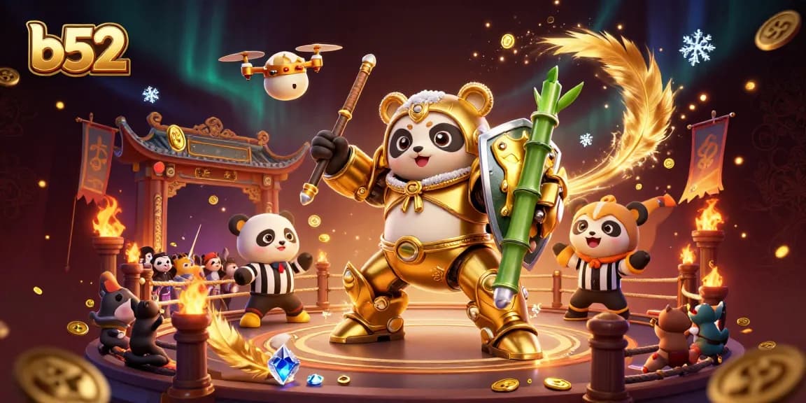 Experience thrilling b52 gameplay with the golden panda robot and cheering audience in an exciting casino arena.