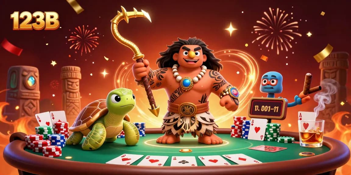 Engage with the thrilling world of 123B as colorful characters celebrate poker victories amidst vibrant casino elements.