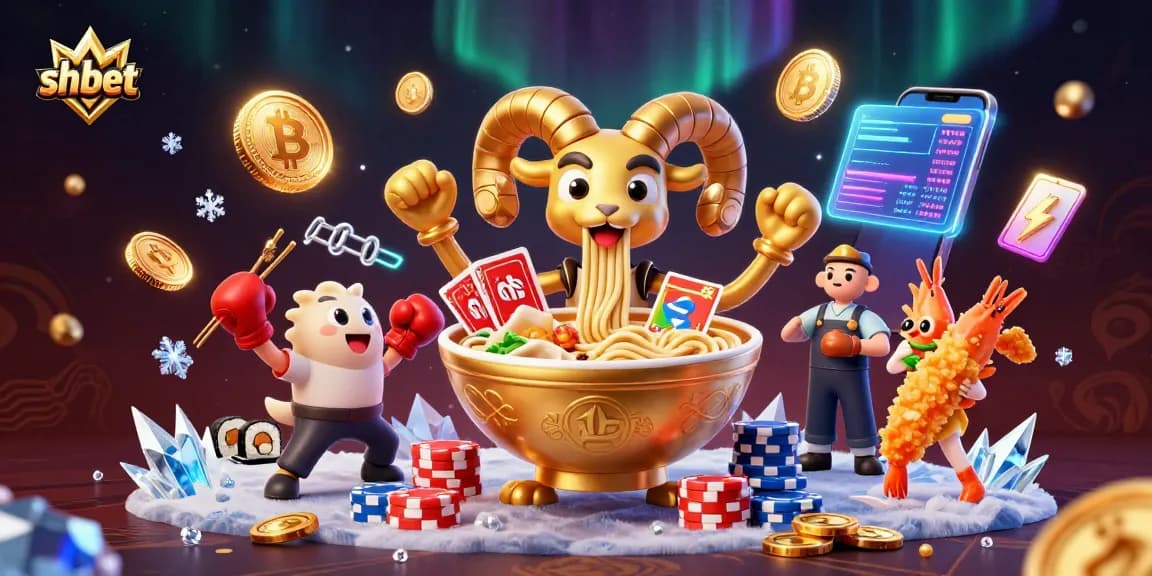 Engage in thrilling moments with SH BET as a giant ramen bowl deals high-stakes cards in a dynamic scene.