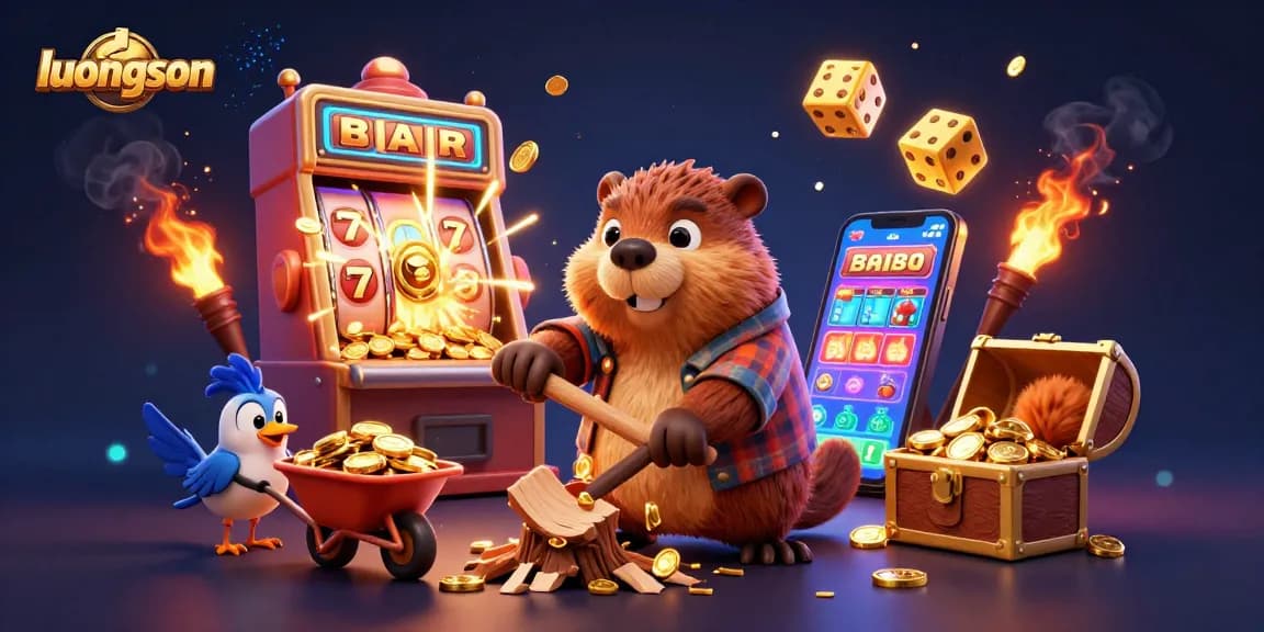 luongson slots rain gold coins from a lumberjack beaver in a vibrant casino scene