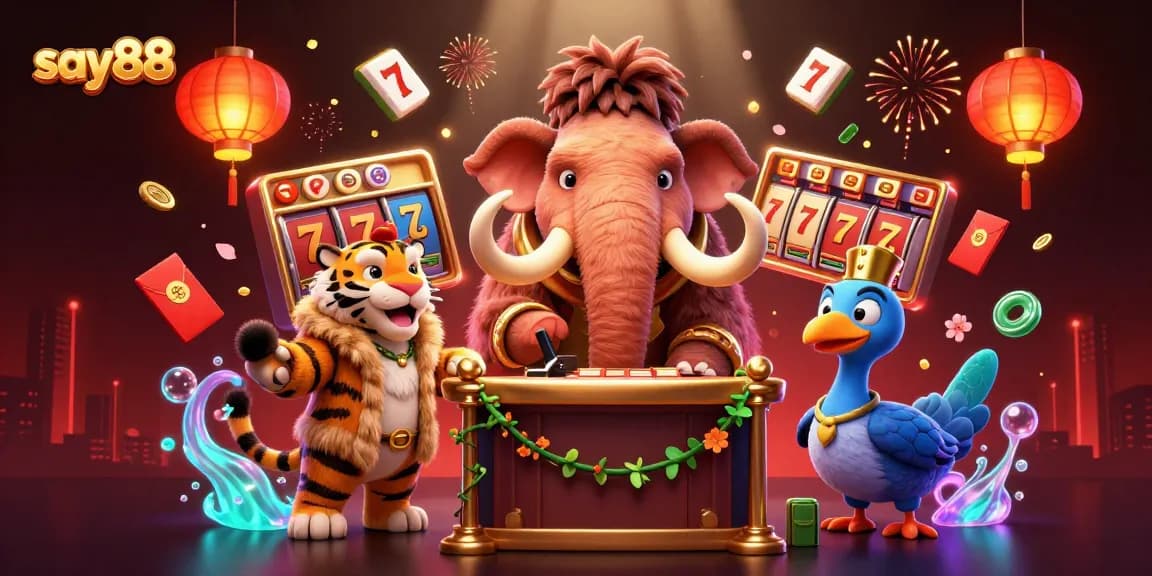 SAY88 casino bouncer checks IDs at a vibrant gaming scene filled with slot reels and festive decor.