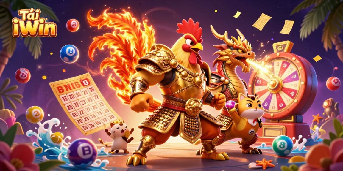 Tải iWin and experience thrilling gameplay with a dynamic 3D illustration featuring vibrant casino elements.