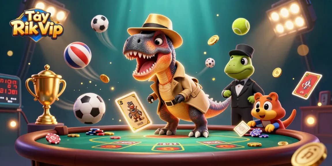 Engage with Tải Rik Vip at a lively casino table featuring a cartoon velociraptor counter and thrilling game elements.