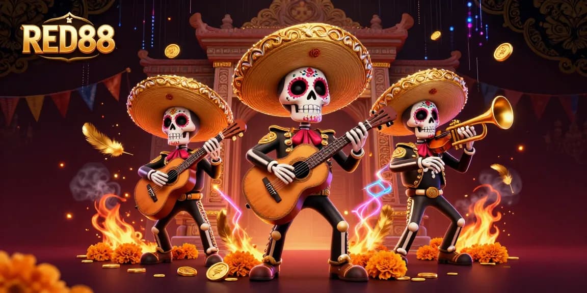 Win big at RED88 with an energetic mariachi-themed casino illustration featuring vibrant game elements.