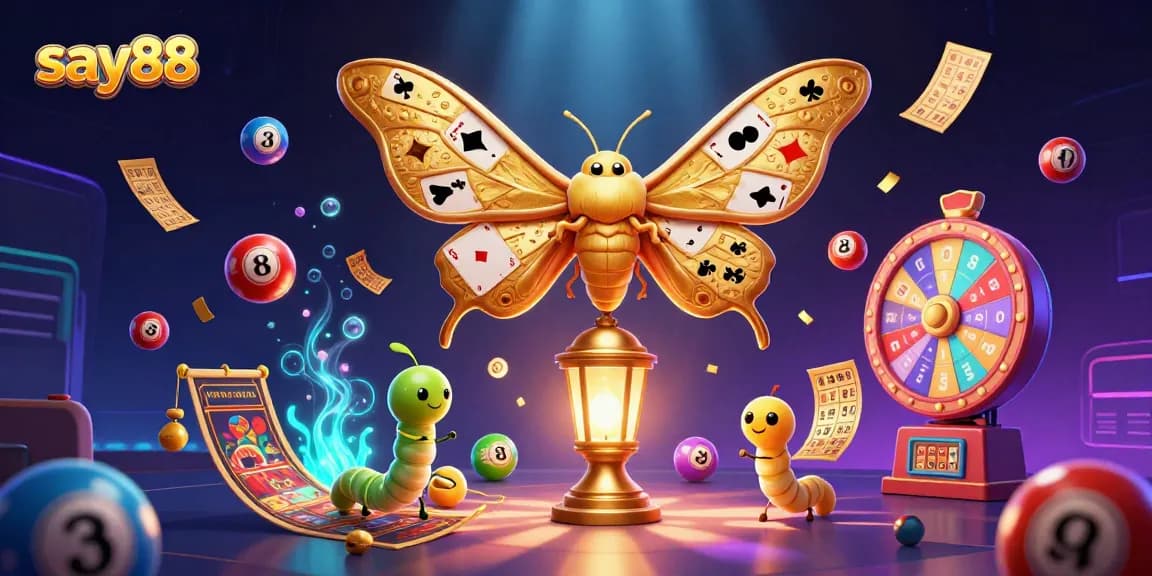 Engage with the vibrant world of say88's online gaming, featuring a majestic moth and dynamic casino visuals.