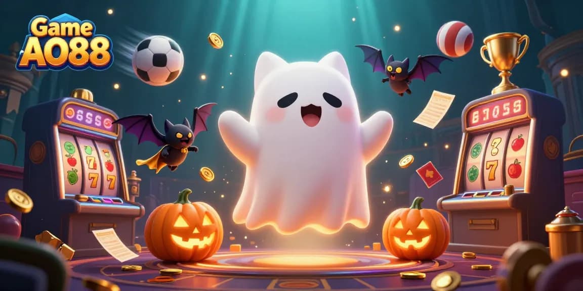 Engage with Game AO88 as a ghost cat and bat navigate a haunted casino filled with slots and glowing fun