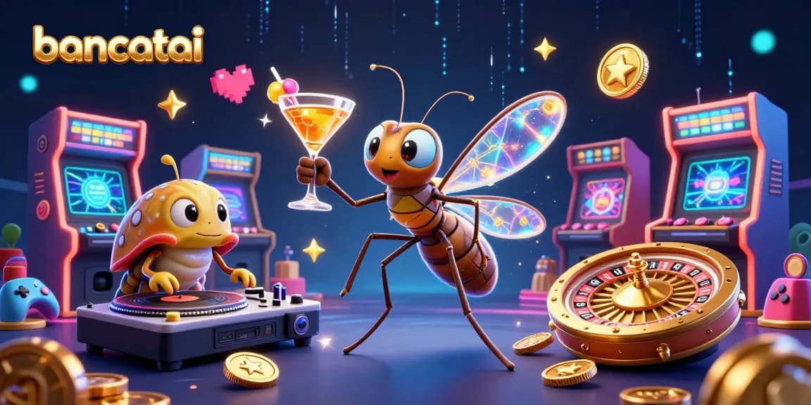 Bancatai showcases a lively casino scene with a frozen mosquito mascot, trilobite DJ, and dynamic 3D gaming elements.