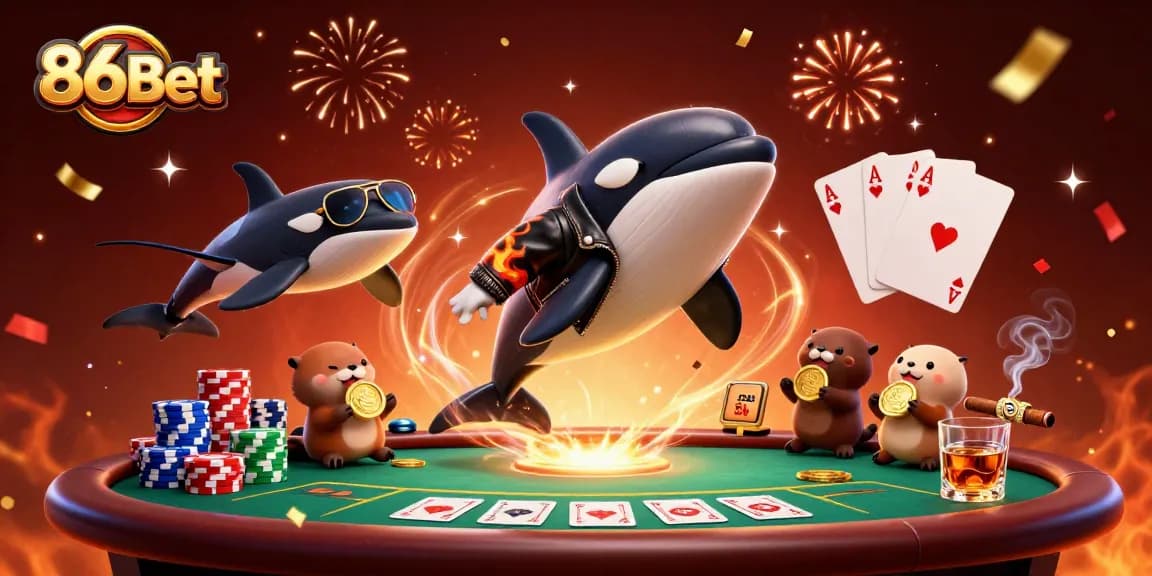 Experience the thrilling world of 86Bet with a vibrant illustration of an orca, stingray, and otters amidst casino elements.