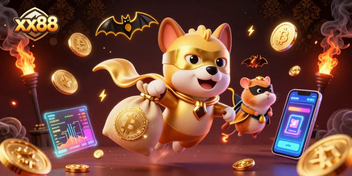 Experience thrilling games with xx88 featuring a superhero dog and hamster amidst vibrant casino elements