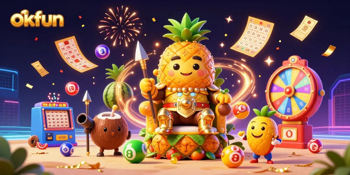 Experience excitement at okfun's casino with dynamic visuals and lottery elements in a vibrant scene.