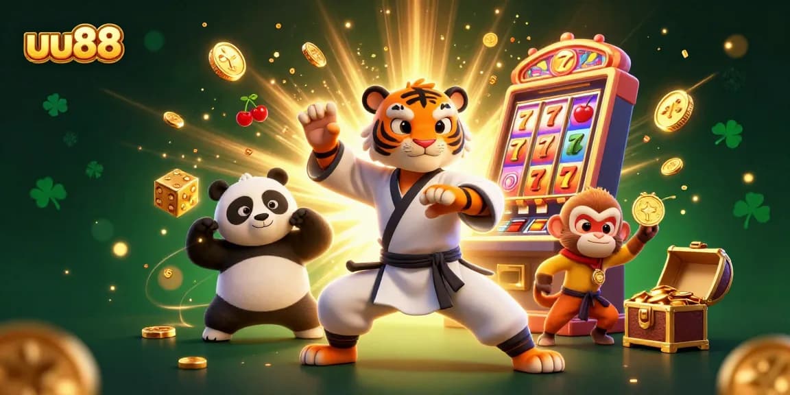 Experience the excitement at uu88 with a vibrant illustration of winning slots and playful characters.