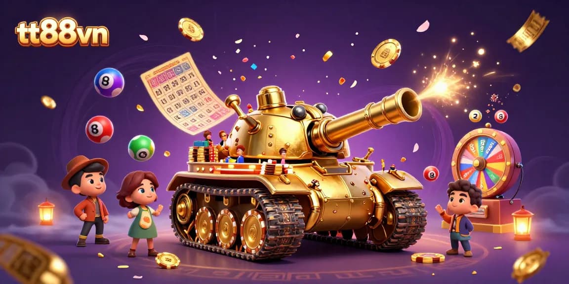 Bet on luck with tt88vn's vibrant casino scene featuring a golden beetle tank, enhanced with lottery elements.