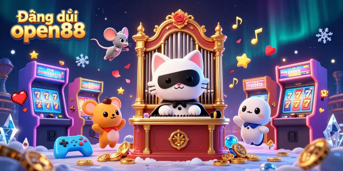 Experience the excitement of Đăng ký open88 with vibrant casino games and characters in a dynamic illustration.