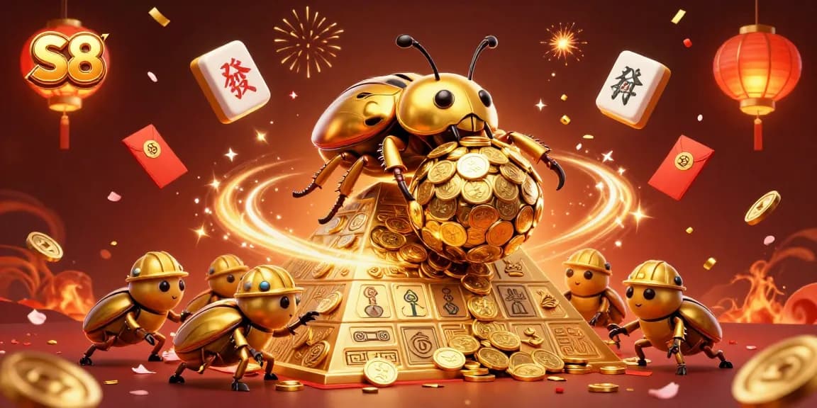 S8 illuminates golden coins rolling high on a vibrant backdrop, featuring festive gambling treasures.