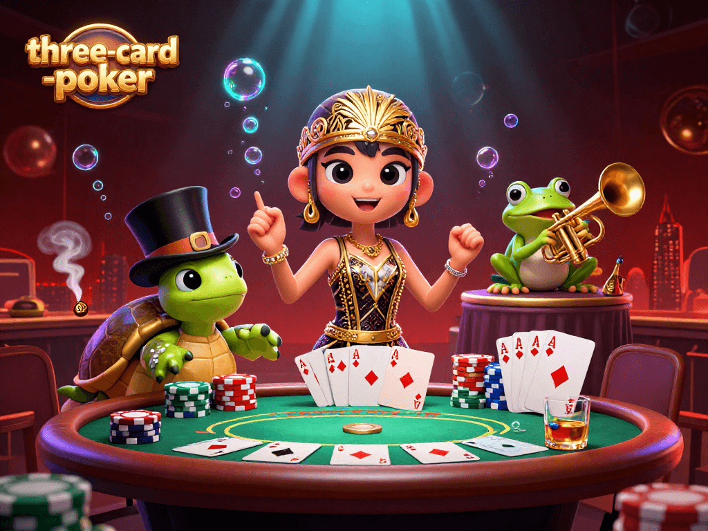 Engage with three-card-poker in a vibrant scene featuring playful characters and dynamic game elements.