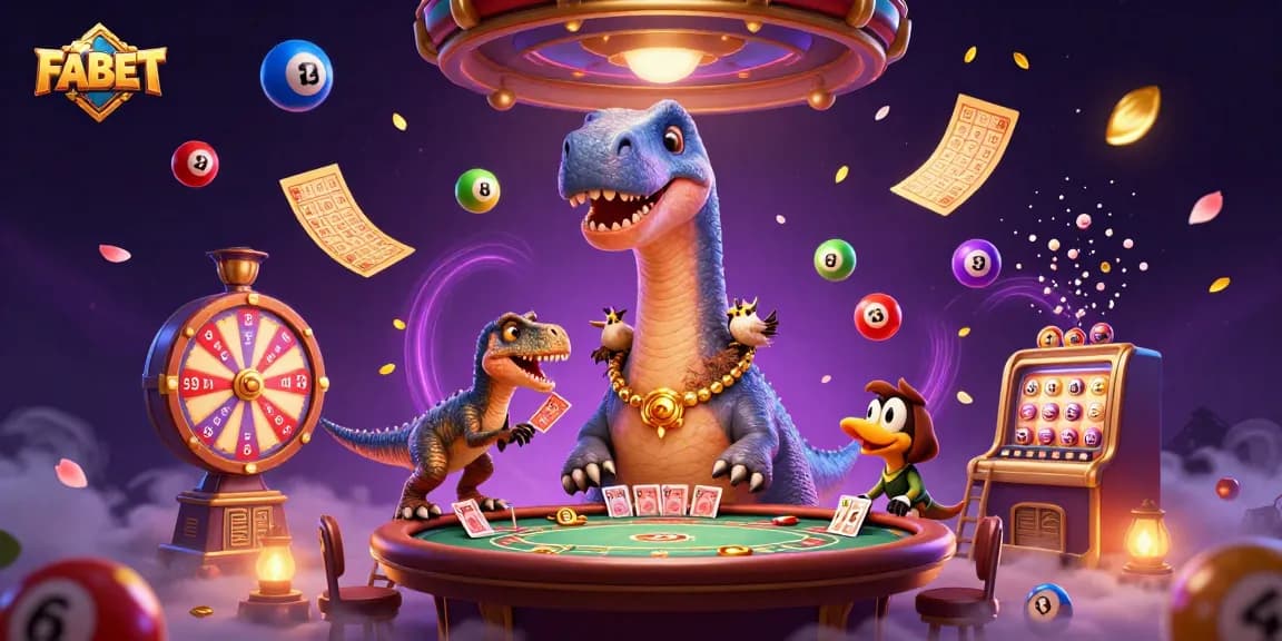 Experience FABET's thrilling gaming scene with a giant brontosaurus and vibrant lottery balls.